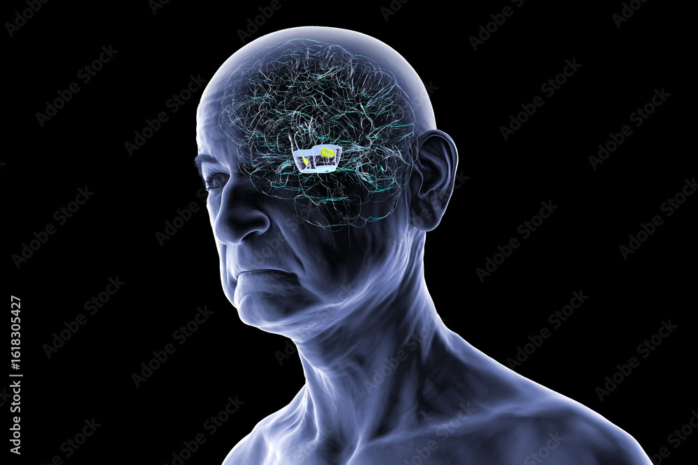 Obraz premium Human brain with degenerated substantia nigra in Parkinson's disease, 3D illustration.