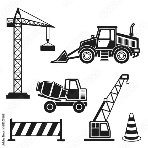 Vector art of a collection of construction vehicles and equipment, including a crane, excavator, and cement truck, isolated on a white background