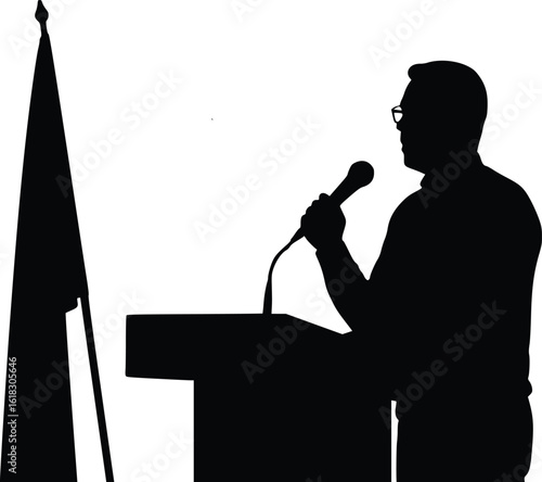 Silhouette illustration of a person speaking at a podium with flag in formal setting