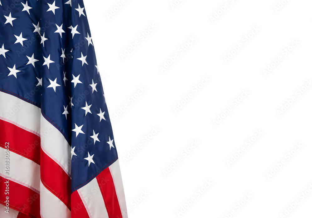 Obraz premium American Flag Draped Corner Design Patriotism Background Independence Day Memorial Day USA Symbol, isolated on white or transparent background. PNG