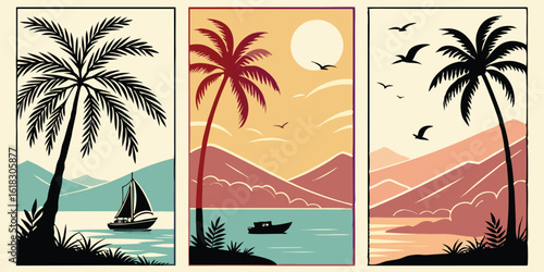 Tropical Island Vector Art Triptych Featuring Palm Trees Mountains Boats and Birds Perfect for Travel and Vacation Themes