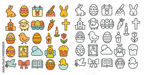Set of Easter-themed icons in both color and black outline style, including eggs, bunnies, crosses, chicks, churches, and flowers.
