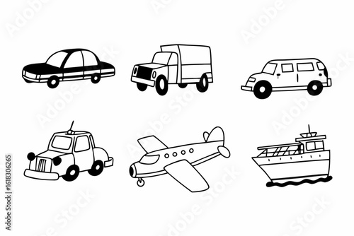 Clean vector line art of vehicles — cars, trucks, airplanes, and trains — with bold outlines and cartoon details, for boys coloring book, no fill color