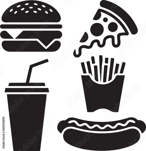 Burger pizza fries drink hotdog french fries hot dog