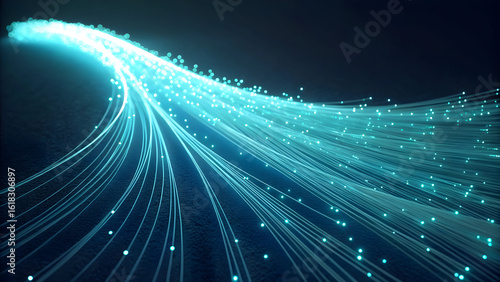 Glowing Blue Fiber Optic Strands Converging with Light Particles on Dark technology new latest web ai background futuristic hud cyber security neural network data tech download ai background