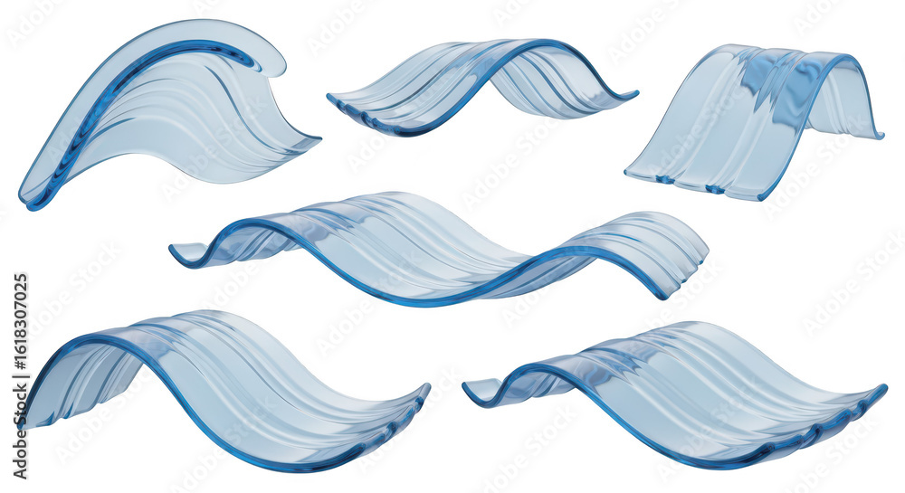 Fototapeta premium 3D renderings of transparent wavy blue glass-like shapes floating against a plain white background used for design or artistic illustration