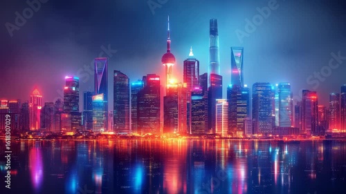 Wallpaper Mural Vibrant illuminated city skyline with futuristic skyscrapers and reflections at night Torontodigital.ca