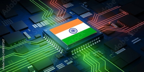 Computer processor with the flag of India on a circuit board symbolizing Indian technology and innovation
