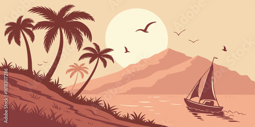 Tropical Island Paradise at Sunset with Sailboat Palm Trees and Mountains for Relaxing Vacation Scenery