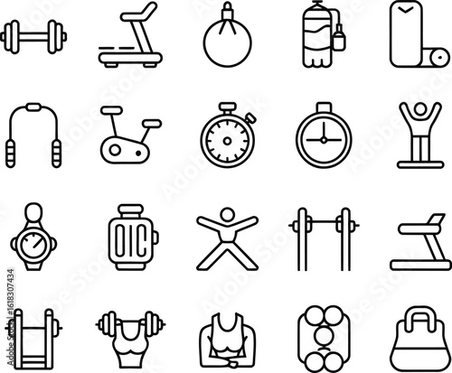Fitness Icons: Black and White Line Art Graphics for Gym, Workout, and Exercise.
