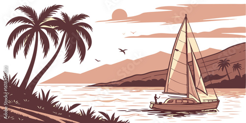 Serene Tropical Getaway with Sailing Yacht Palm Trees and Distant Mountains in Warm Tones