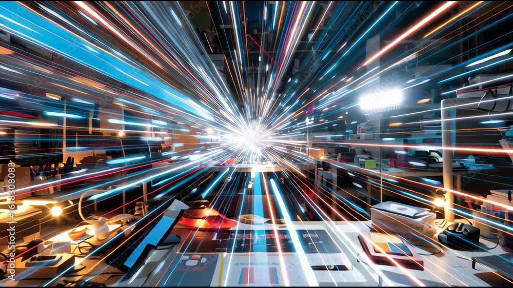 A computer monitor is shown with a bright light coming from it. The light is so bright that it is almost blinding. Concept of excitement and energy, as if the computer is on fire or about to explode