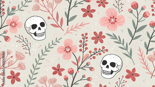 Seamless pattern with white skulls vector background
