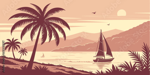 Tropical Paradise Scene with Sailboat and Palm Trees in Warm Sunset Colors Creating a Relaxing and Vacation Atmosphere