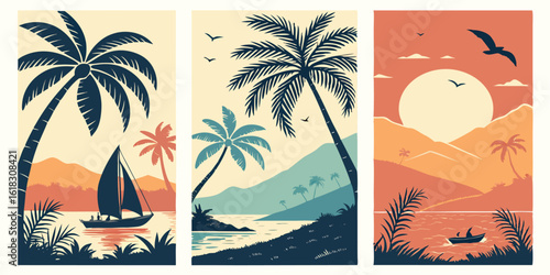 Tropical Paradise Vector Illustration Set Featuring Palm Trees Ocean Sailboat Birds and Sunset Scenery Ideal for Travel and Vacation Concepts