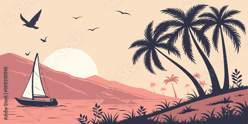 Serene Tropical Island Landscape with Sailboat and Palm Trees at Sunset in Vector Illustration