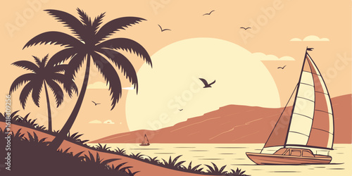 Tropical Island Getaway with Sailboat and Palm Trees at Sunset A Vector Illustration