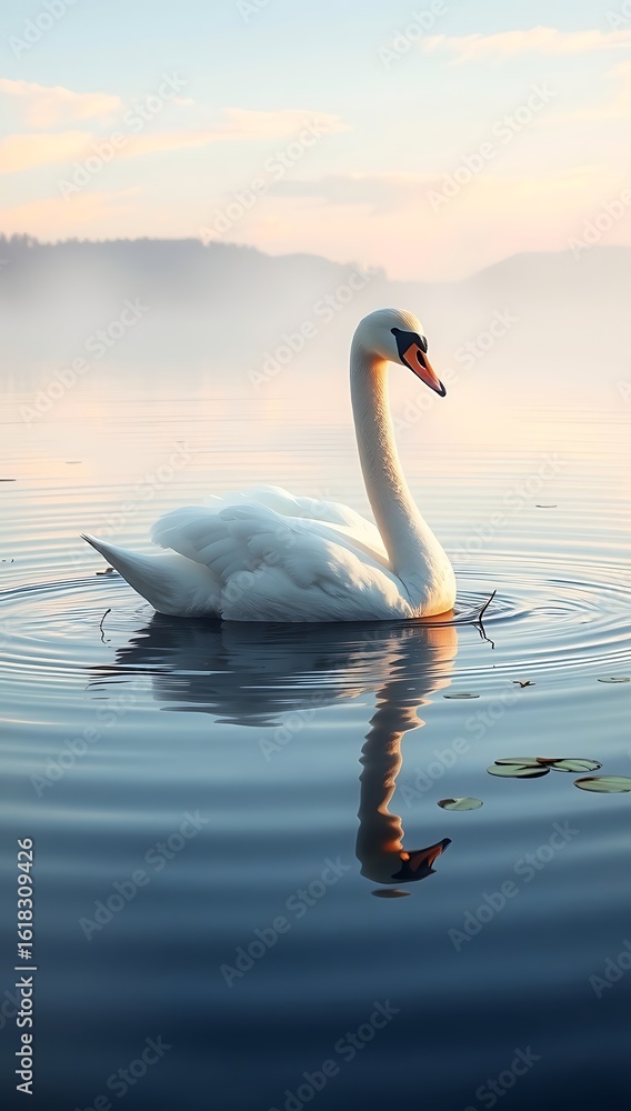 Fototapeta premium Elegant white swan gracefully swimming on calm water with reflection silhouette