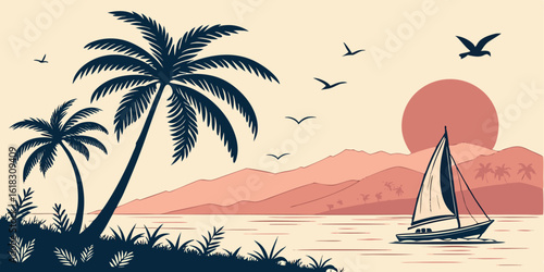 Tranquil Tropical Sunset with Sailboat and Palm Trees Vector Illustration for Vacation and Travel Concepts