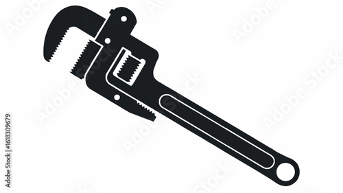 Black and white silhouette illustration of a pipe wrench tool for industrial or mechanical design