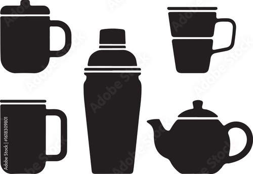 Black drinkware collection with mugs shaker and teapot