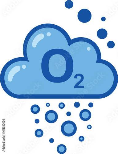 Oxygen molecule symbol with blue cloud and bubbles vector illustration for science and environment design