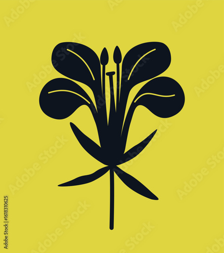 Mustard. Black silhouette of blooming mustard flower, vector illustration isolated on yellow background. Icon, logo, print, postcard, design element.