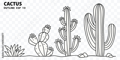 Cactus Outline Vector Illustration with Desert Plants and Rock Formations in Black and White Line Art Style