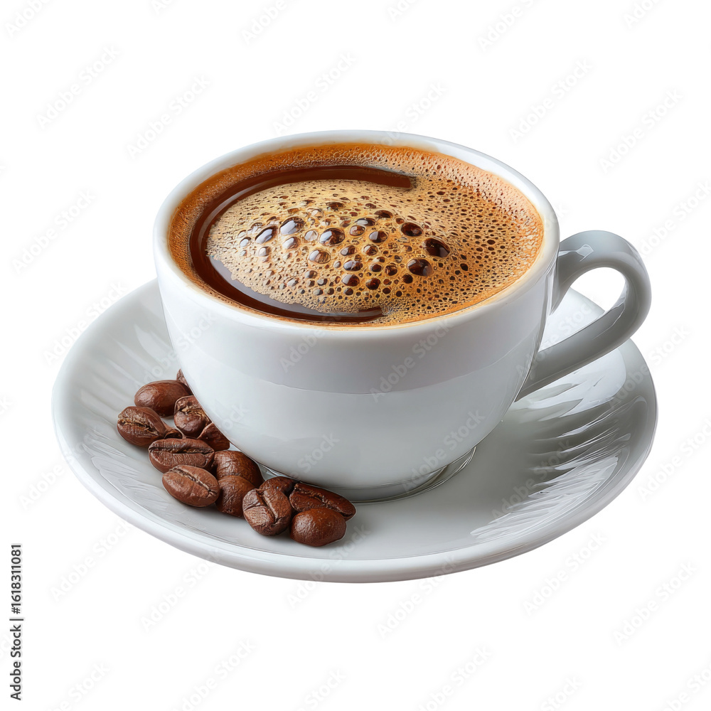 Fototapeta premium Creamy hot Turkish coffee in white ceramic cup with foam and coffee beans on saucer isolated on black background