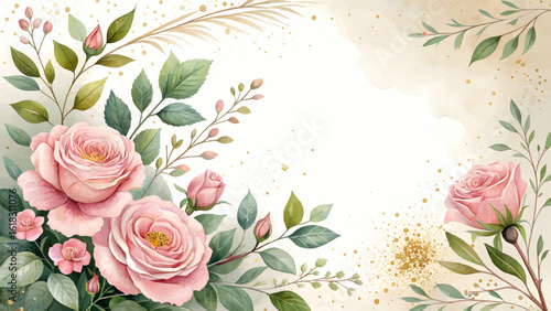 Soft pink roses and green leaves border with a textured background. Rose watercolor painting flower background.