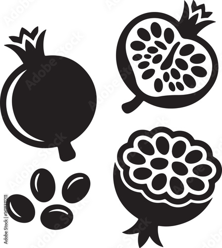 Black pomegranate illustrations and seeds fruit whole