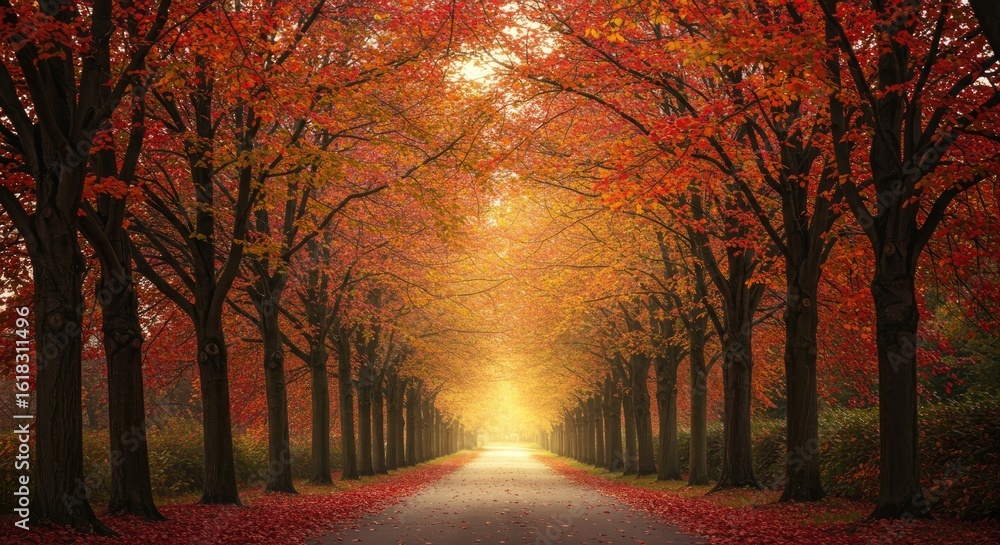 Obraz premium Autumnal Pathway, Radiant Sunlight