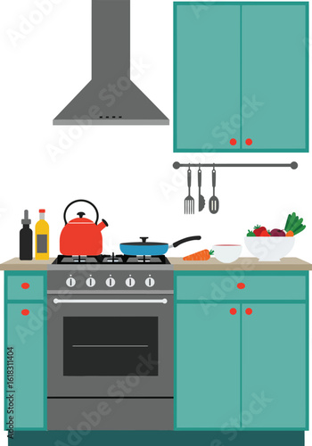 Kitchen interior design with stove cabinets utensils and vegetables cooking area vector illustration