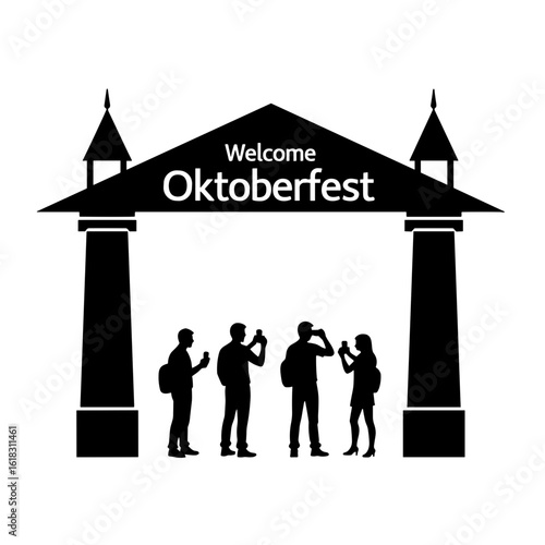 Tourists photographing Oktoberfest sign while standing at entrance  