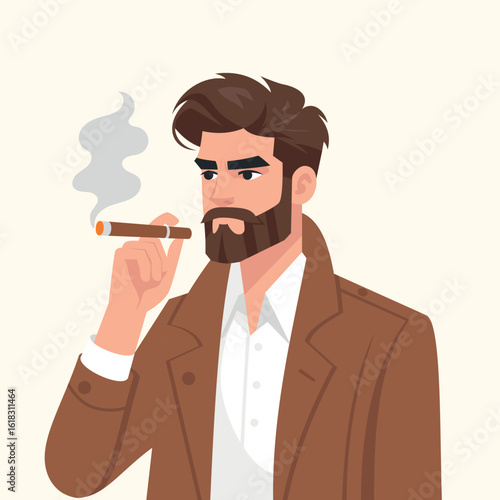 Handsome Young Man with beard smoking cigar isolated flat style illustration