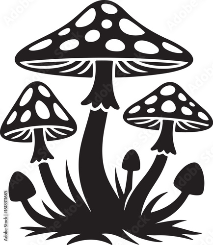 Black spotted mushrooms with grass white toadstools