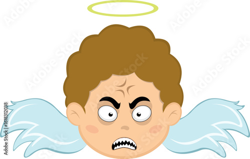 vector illustration face angel character cartoon, with white eyes of angry expression concept, sharp teeth and hand revenge gesture