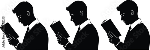 Silhouette of young man reading a book, side view, focused expression, formal clothing, education, concentration, isolated on white background
