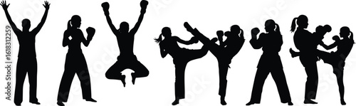 Martial arts training silhouettes, female fighters in action, kickboxing poses, self defense moves, women practicing martial arts techniques, vector set