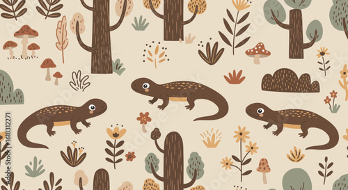 Lizards and Nature: An idyllic scene of a charming illustrated pattern of newts and flora amidst a woodland backdrop.
