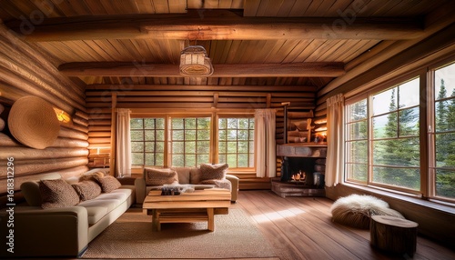 Wallpaper Mural a cozy and inviting interior of a rustic wooden cabin showcasing natural wood beams and warm lighting perfect for evoking a sense of comfort and tranquility in nature Torontodigital.ca
