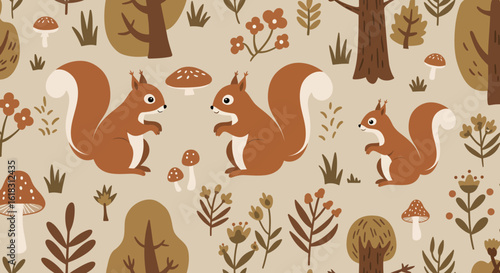 Whimsical Squirrels' Autumn Adventure: Adorable squirrels frolic in a charming autumn scene filled with stylized trees, mushrooms, and flowers.