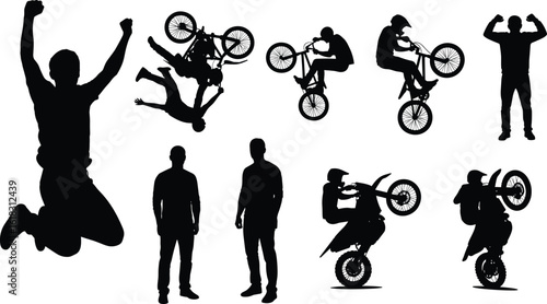 Silhouettes of men jumping, performing BMX and motocross stunts, freestyle tricks, biking action poses, sports celebration, extreme energy illustration