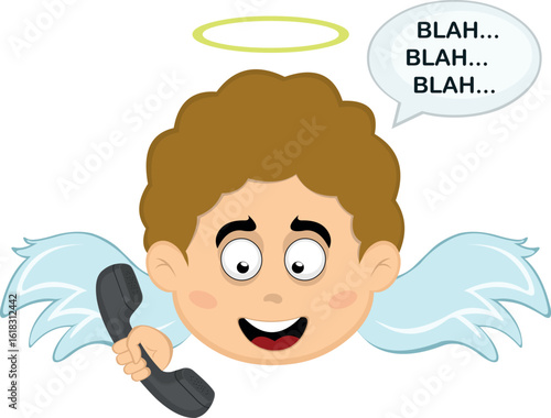 vector illustration face angel character cartoon, talking on the phone and a speech bubble with the text blah