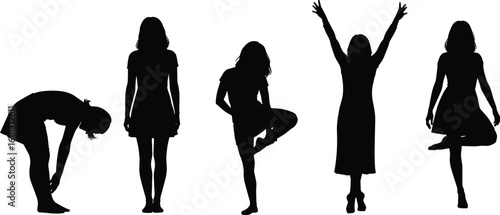 Silhouettes of women in yoga, dance, standing, stretching, and celebration poses, expressing balance, mindfulness, health, and positive ener