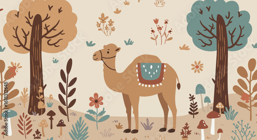 Camel in a whimsical landscape: A charming camel in a vibrant, fanciful land with trees, plants, and mushrooms creates a sense of serenity and storytelling.