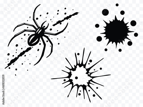 Black Spider Illustration with Ink Splatters and Abstract Forms in Vector Style Halloween Grunge Art