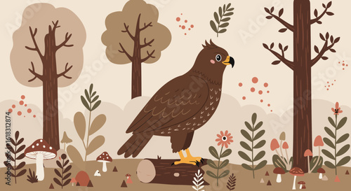 Majestic Raptor in the Woods: A stylized illustration of a regal raptor, perched confidently amidst a serene forest landscape, showcasing its strong gaze and detailed plumage. 