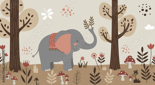 Elephant in whimsical forest illustration: A whimsical illustration of a cute elephant in a stylized forest, with an array of colorful elements creating a captivating design for children's purposes.
