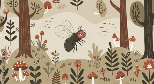 Whimsical Woodland Flight: A delightful cartoon illustration depicts a joyful bee soaring through a whimsical forest, its animated flight igniting a sense of wonder and enchantment.